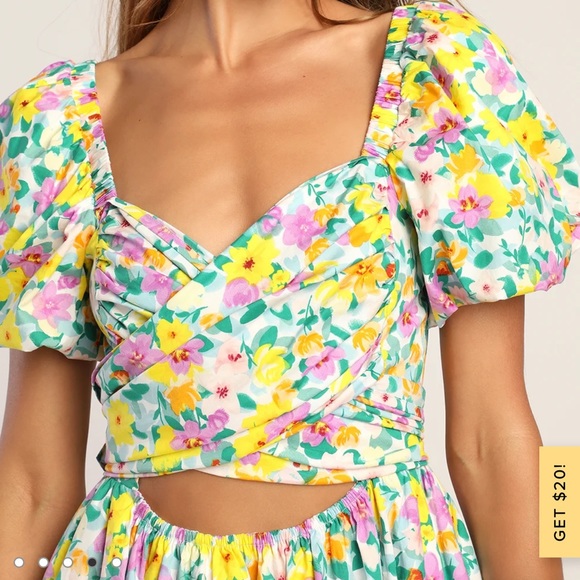 Lulus Attract Attention Multi Floral Puff Sleeve Tie Front Dress - Picture 3 of 4